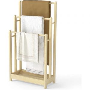 COSTWAY Porte-Serviettes sur Pied en Bois, 3 Barres et &Eacute;tag&egrave;re de Rangement Inf&eacute;rieure, Dispositif Anti-Renversement, Support Serviette pour Salle de