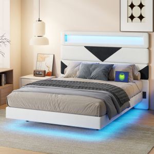 Lit capitonné 140x190, lit adulte 140x190, lit double avec port de chargement usb et éclairage led, cadre de lit, tête de lit triangulaire réglables,