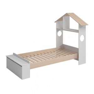 SKILA - Lit 90x190cm T&ecirc;te de Lit Cabane et Banc-Coffre Blanc et Naturel