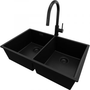 Primagran - Evier Cuisine en Granit 76x47cm, Lavabo 2 bacs + Robinet 40x20cm + Kit de Vidage, Évier à Encastrer au meuble 80cm - London Slim Twin,
