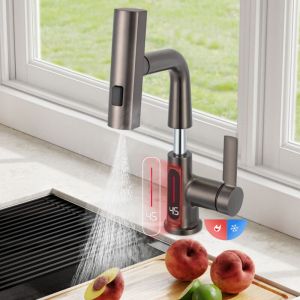 Robinet de cuisine, robinet de salle de bain, extensible, affichage LED de la temp&eacute;rature, 3 types de jets, robinet d'&eacute;vier pivotant &agrave; 360&deg;, mitigeur