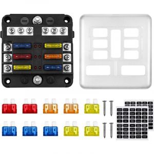 6 Voies Boîte Fusibles 12V Porte Fusible ato 32V 100A avec 10 Fusibles 6 Voyants led Couvercle de Protection + 2 pcs Autocollants pour Voiture Bateau