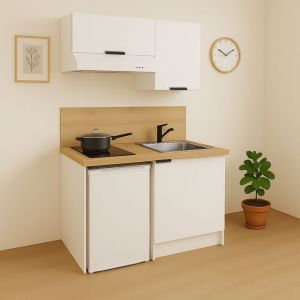 KITCHENETTE BLANCHE 100cm + PLAQUE DE CUISSON + REFRIGERATEUR + HOTTE + MICRO-ONDES + EVIER + MITIGEUR + MEUBLES HAUTS