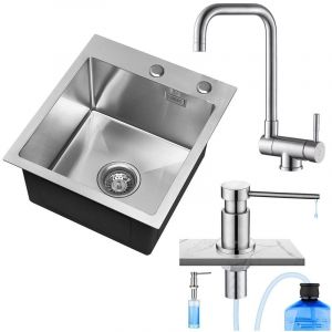 CECIPA Evier Cuisine 1 Bac Évier Inox 1 Cuve avec Siphon et Trop-Plein Évier de Cuisine Inox 40×45×22CM+Mitigeur Cuisine Rabattable+Distributeur de