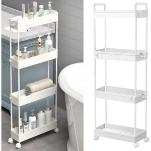 Chariot de rangement &agrave; quatre couches avec poign&eacute;e, crochet et roue de verrouillage, chariot &agrave; roulettes, adapt&eacute; &agrave; la cuisine et &agrave; la salle de bain,