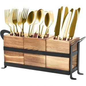 3 Compartiments Rangement Ustensiles Cuisine Pot, Porte-Couverts En Bois Porte-Ustensiles De Cuisine Avec Support En Fer Pot à Ustensiles De Cuisine