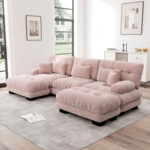 Canap&eacute; d'angle 3 places avec 5 coussins, canap&eacute; en U, tissu chenille, rembourrage en mousse, meuble de salon, 313&times;145&times;81cm, rose