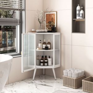 Hauss Spole - Meuble de rangement d'angle salle de bain au sol, meuble d'angle chambre/salon, porte vitrée, étagères réglables, 56,5x42,5x80cm, blanc