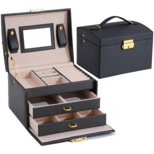 Bo&icirc;te &agrave; Bijoux, Coffret pour Bijoux Bo&icirc;te &agrave; Maquillage Bijoux et cosm&eacute;tique Beauty Case &agrave; 3 Couches en Simili Cuir avec 2 Tiroirs, Noir