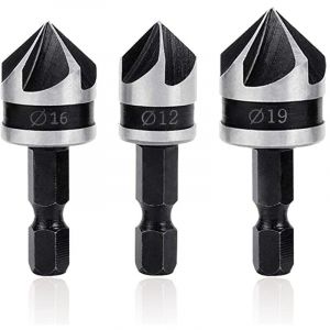 Sollbry - 3Pcs Fraises à Chanfreiner 90 Degrés 5 Flûte Fraise Conique à Noyer Foret Fraisage Bois de 1/4' Tige Hex en Acier 12mm/16mm/19mm Outil