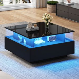 Wishdor - Table basse noire haute brillance, table basse carrée led avec 2 tiroirs et zone de présentation transparente, pour salon