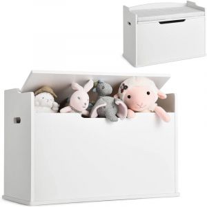 Coffre à Jouets en Bois avec Coussin & Couvercle Rabattable, Banc de Rangement Jouet Enfant avec Poignée Latérale, Charnière de Sécurité, Idéal pour