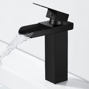 Moderne Robinet Salle de Bain Noir Cascade, Mitigeur Lavabo Cascade, Robinet Lavabo avec Bec Hauteur 140mm, Mitigeur Salle de Bain en Laiton, Eau