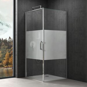 Doporro Cabine de Douche en Angle 100x100x195 Montage R&eacute;versible Paroi de Douche en Verre Transparant avec Bande Opaque avec Receveur de Douche