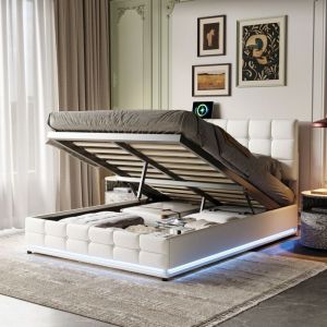 Lit coffre 140x190 cm, lit double avec rangement, t&ecirc;te de lit LED &agrave; rayures verticales, sommier &agrave; lattes en bois, PU, ​​design, Blanc