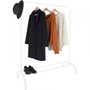 Porte-v&ecirc;tements Relaxdays, H x L x P : 148 x 110 x 40 cm, &eacute;tag&egrave;re, crochets et tringle, m&eacute;tal, porte-v&ecirc;tements, blanc