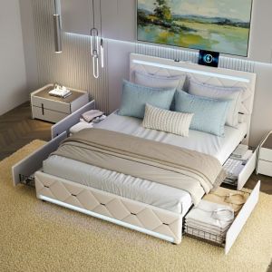 Lit avec 4 tiroirs 140x190 cm, lit capitonn&eacute; en velours, avec rangement, LED et ports USB, sommier &agrave; lattes en bois, cadre en m&eacute;tal, style moderne