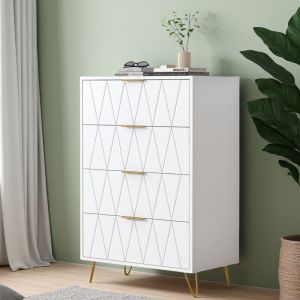 Commode blanche 4 tiroirs 60x34x90 cm &ndash; Panneaux de particules &ndash; pieds en m&eacute;tal &ndash; Rangement &eacute;l&eacute;gant pour chambre et salon