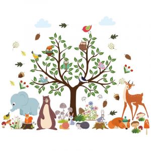 Shining House - Stickers Muraux Animaux For&ecirc;t Arbre Animaux Autocollants Muraux Mural Stickers Ours Renard pour Chambre Enfants B&eacute;b&eacute; P&eacute;pini&egrave;re