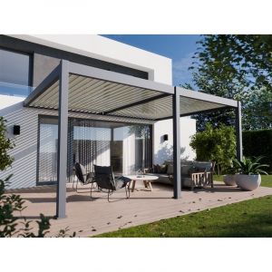 Pergola Bioclimatique Aluminium Adossee 19 m2 - 3,6 x 5,3m - Gris - Lames Orientables de 0 à 120° - HALO 19