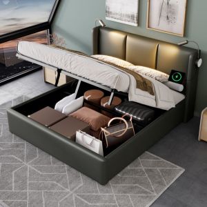 Modfu - Lit coffre 160x200cm, lit double avec lampe de lecture, sans matelas, gris, simili cuir