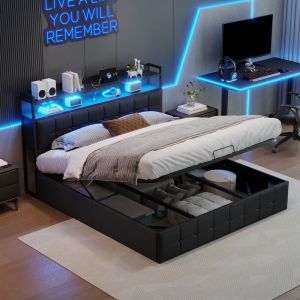 lit coffre 140 x 190 cm, lit 140x190 avec sommier, lit double adulte avec ports USB et LED RGB, t&ecirc;te de lit capitonn&eacute; avec rangement, noir, PU