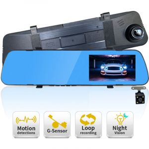 1080p voiture r&eacute;troviseur tachygraphe avec cam&eacute;ra de recul &eacute;tanche 4,3 pouces HD [double objectif] + 32gb carte m&eacute;moire cam&eacute;ra de recul, vision