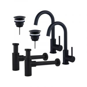 Fugaflow - Eccelente Sobrado Kit robinet lavabo - pour double vasque - robinet haut - bec rotatif - bonde non-obturable - siphon design - Noir mat