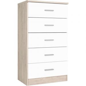 Commode 5 tiroirs Couple, commode de chambre Sahara, blanc mat, 50x90x33cm