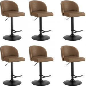 Lot de 6 Tabouret de Bar Chaise de Bar R&eacute;glable en Hauteur, Chaises Hautes Rev&ecirc;tement en PU, Rotatif sur 360&deg;avec Dossier et Repose-Pieds Brun