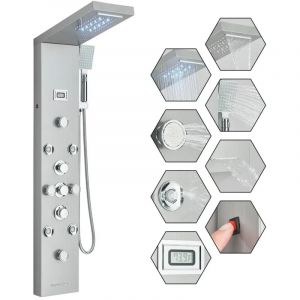 Colonne de douche Hydromassante LED en Acier Inoxydable avec 8 Hydromassante Buses Massants,2 modes de jets de massage et Douche Cascade et Affichage