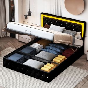 Lit coffre 160x200 cm - t&ecirc;te de lit clout&eacute;e avec &eacute;clairage LED int&eacute;gr&eacute;, lit double avce rangement, sommier &agrave; lattes - Noir