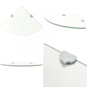 &Eacute;tag&egrave;re de coin + supports chrom&eacute;s Verre Transparent 25 x 25 cm - Etagere Murale - &Eacute;tag&egrave;re D'angle - &Eacute;tag&egrave;re Transparente - Rangement Mural