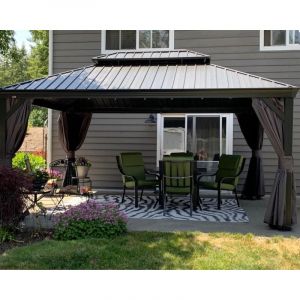 PURPLE LEAF Tonnelle de Jardin Extérieur Pergola Aluminium avec Moustiquaire et Rideaux Pavillon de Jardin à Double Toit Acier Galvanisé, 4.85 x 3.65