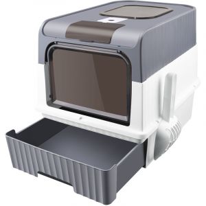 Aqrau Bac a litiere pour chat, Maison de toilette chat ferm&eacute;e, Pelle, &agrave; Filtre Charbon Anti-Odeurs, Gris