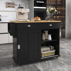 Desserte de cuisine noir, buffet de salle à manger, plan de travail pliable aspect bois massif avec roulettes et pieds en bois massif remplaçables