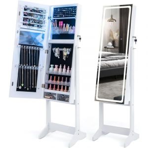 Armoire &agrave; Bijoux avec Miroir sur Pieds, Grand Miroir Psych&eacute; Sans Cadre avec &Eacute;clairage led 3 Couleurs, Organisateur de Bijoux avec 3 Angles