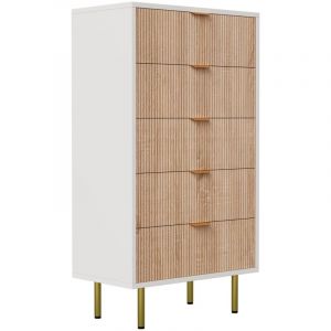 Commode blanche 5 tiroirs 60x34x109.8 cm &ndash; MDF + m&eacute;tal &ndash; Motif ondul&eacute; avec poign&eacute;es dor&eacute;es &ndash; Meuble Rangement Chambre Salon Porche