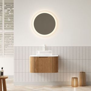 Meuble lavabo mural 61 cm avec meuble contreplaqu&eacute; ray&eacute; (pr&eacute;assembl&eacute;) finition grain bois naturel - Vasque ronde verre transparent