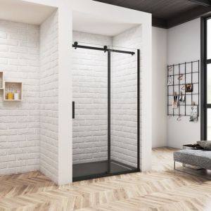 Océan Porte de douche coulissante 140cm pour niche - Verre anticalcaire 8mm, hauteur 200cm, cadre noir - Avec receveur de douche extra-plat 140x90cm