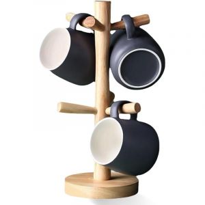 Support pour tasses en bois avec 6 crochets amovibles - Support pour tasses &agrave; caf&eacute; en bois pour comptoir