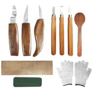 ZVD - 10pcs Outils Sculpture sur Bois, Kit Sculpture Bois avec 3 Ciseaux à Bois, 3 Couteau Sculpture Bois,Gants, Professionnels Outillage Bois