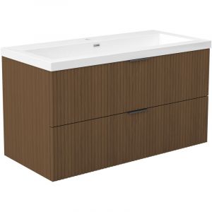 Ocean Meuble de Salle de Bain 99cm Noyer avec 2 Tiroirs + vasque Pierre Reconstitu&eacute;e
