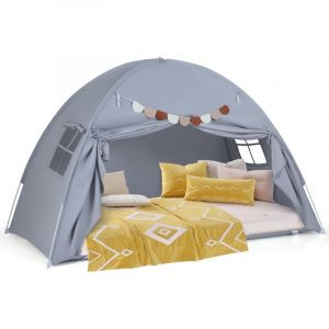COSTWAY Tente de Lit Enfant avec 2 Fen&ecirc;tres et Drapeaux, Tente de Jeux Enfant en Tissu Bross&eacute; Lavable en Machine, Cabane Int&eacute;rieure pour Gar&ccedil;ons et