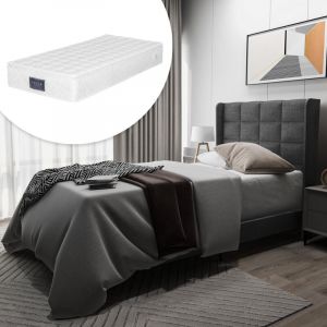 Lit adulte 90x200 cm lit simple rembourr&eacute; avec t&ecirc;te de lit capitonn&eacute;e et sommier &agrave; lattes en bois, tissu en lin, gris, matelas inclus