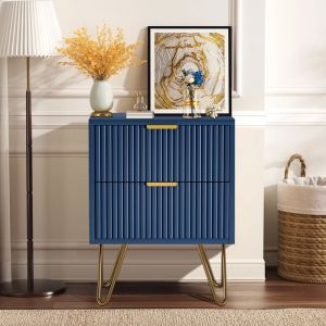 Nmonet - Table de chevet avec 2 tiroirs, pieds en métal doré, style minimaliste moderne - Bleu foncé