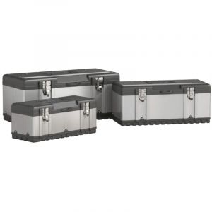 Coffre &agrave; outils 3 pi&egrave;ces en acier inoxydable noir/argent avec plateau amovible, poign&eacute;es et fermetures - Bo&icirc;te vide organis&eacute;e 58.2x29.8x25.5cm