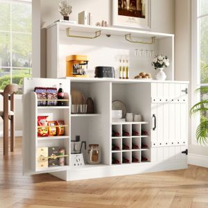 Desserte de cusine blanche avec &eacute;tag&egrave;res r&eacute;glables, portes de rangement, casier &agrave; verre &agrave; vin et casier &agrave; vin, 139x46x92 cm