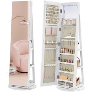 Armoire &agrave; bijoux avec miroir sur pieds verrouillable avec 6 led rangement bijoux pivotant &agrave; 360&deg; miroir psych&eacute; sans cadre 3 &eacute;tag&egrave;res de rangement