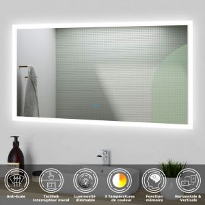 Miroir Salle de Bain led avec Anti-buée 120x70cm,Mural Miroir Lumineux acve 3 Couleurs + Dimmable - Acezanble